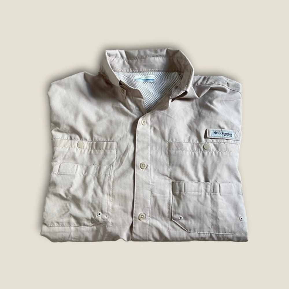 Columbia PFG Shirt Men's‎ Sz M Fishing Vented Long Sleeve Beige Omni-Shade ✅